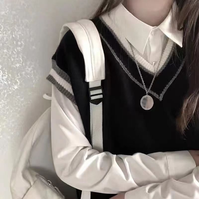 Áo Dệt Kim Không Tay Dáng Rộng Cổ Chữ V Màu Sắc Tương Phản Phong Cách Retro Nhật Hàn Dành Cho Nữ