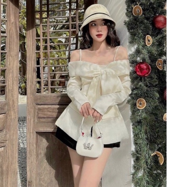 🍊ẢNH THẬT🍊Set áo kem trễ vai buộc nơ kèm short 🍒CÓ SẴN🍒