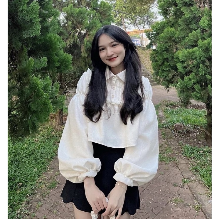 Áo sơ mi thiết kể tay bồng retro croptop kiểu dáng lạ mắt TINGOAN