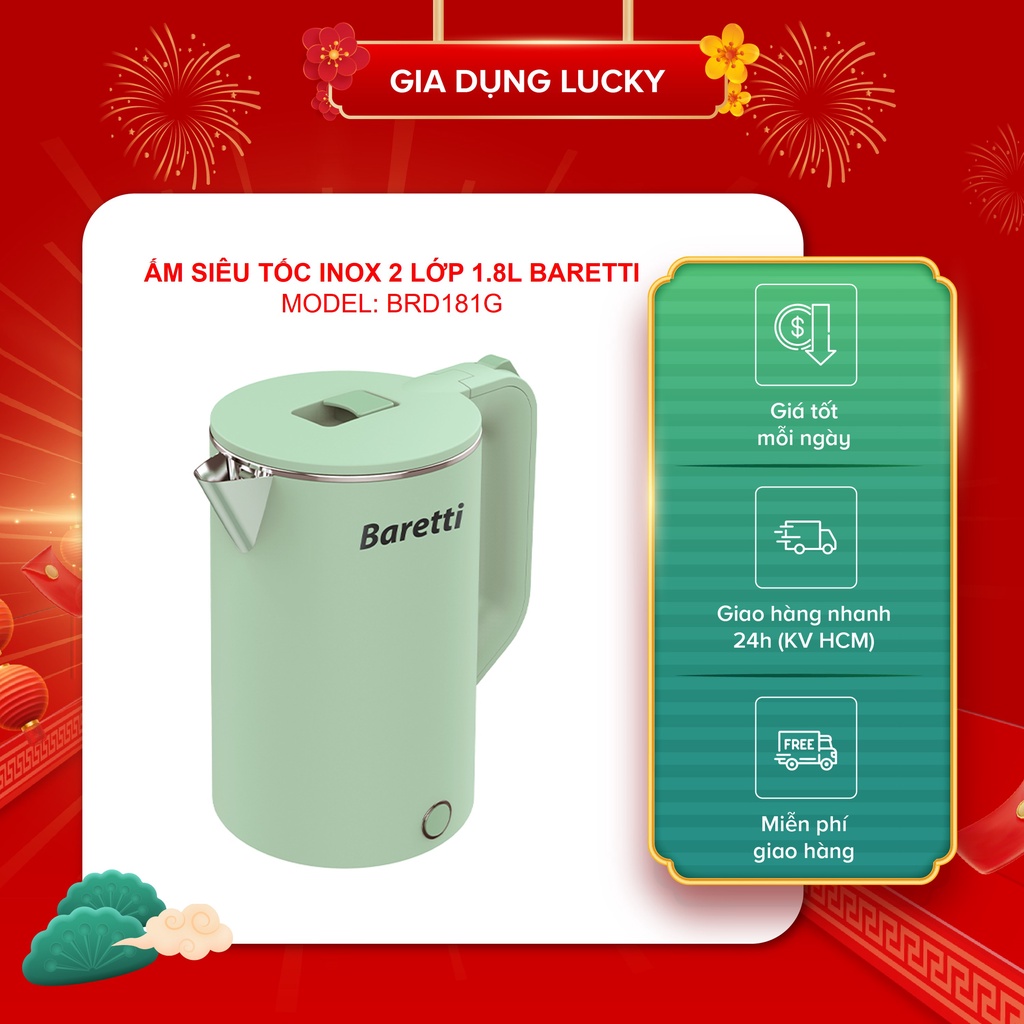 [GIÁ TỐT] ẤM SIÊU TỐC INOX 2 LỚP 1.8L BARETTI BRD181G