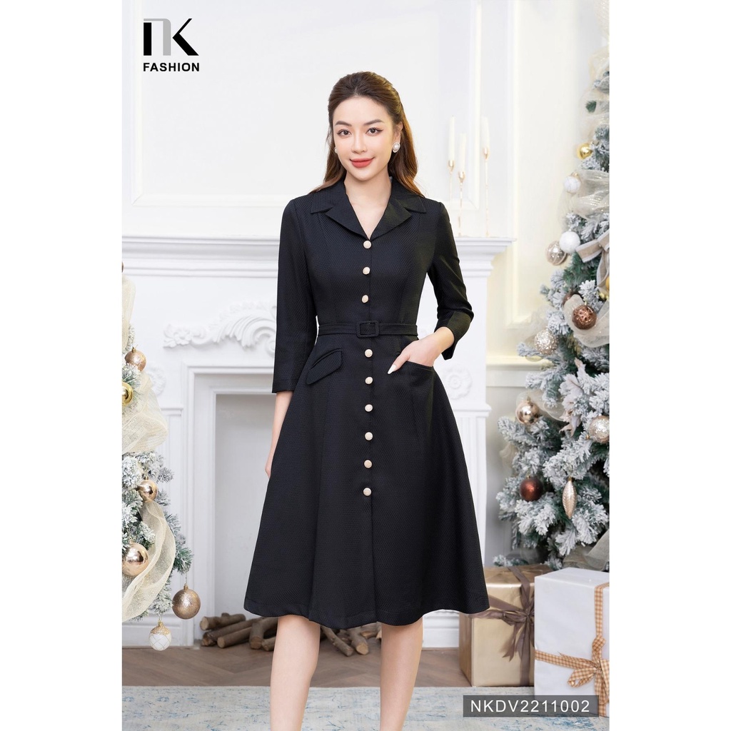 Đầm Xòe Cổ Sơ Mi NK FASHION Thiết Kế Đai Bọc 2 Nắp Túi Thanh Lịch Chất Liệu Cao Cấp Đứng Phom NKDV2211002