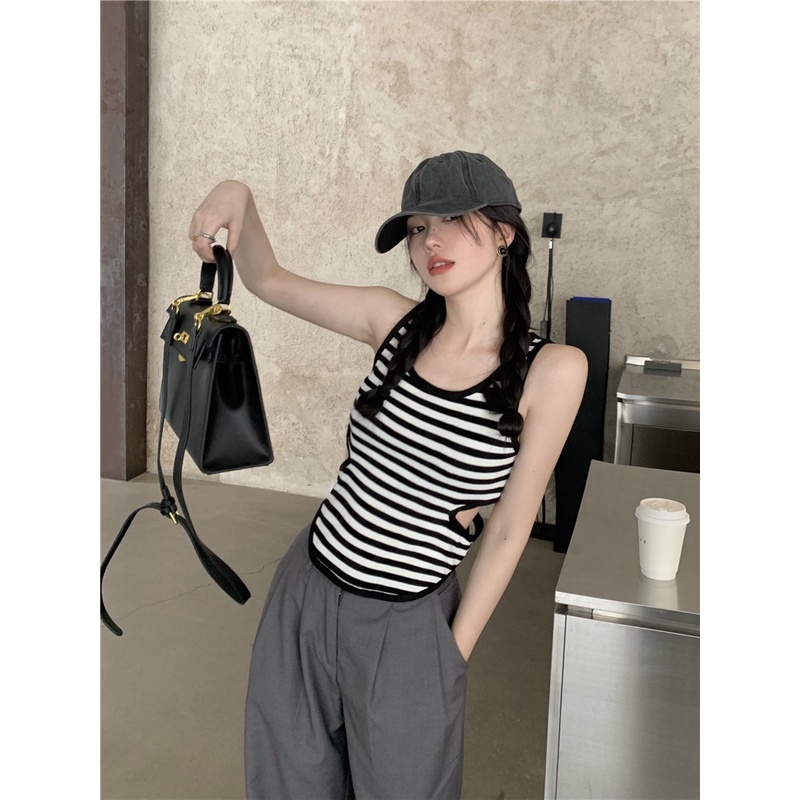 HUANG YOYO Áo Croptop Dệt Kim Sát Nách Cổ Chữ U Họa Tiết Kẻ Sọc Thời Trang Hàn Quốc 2023 Cho Nữ