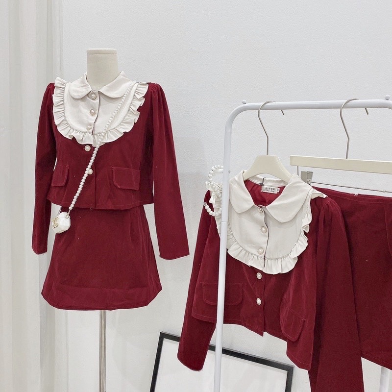 Set Váy Nhung Đỏ Kèm Quần Áo Croptop Cổ Sơ Mi  Trang Thiết Kế  Có Ảnh thật