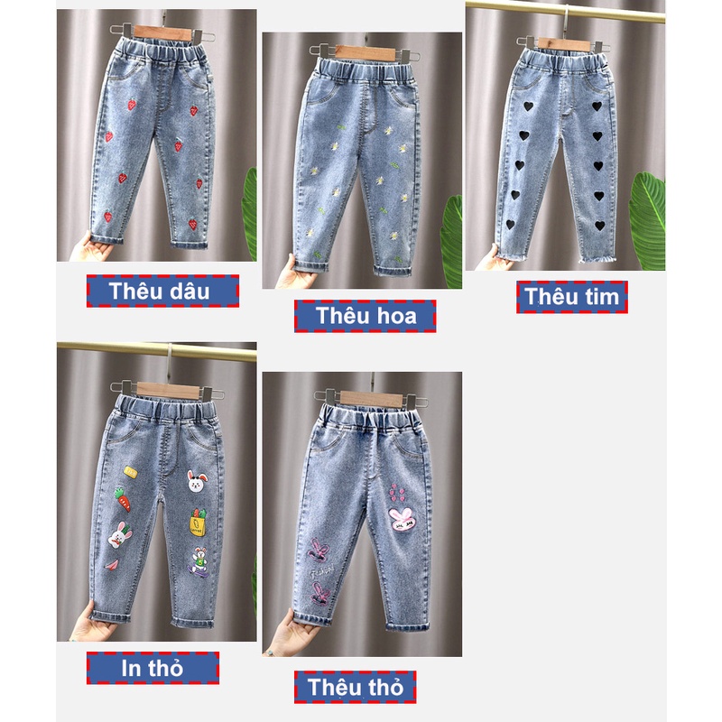Quần jeans dài in thêu họa tiết đáng yêu cho bé gái hàng QCCC