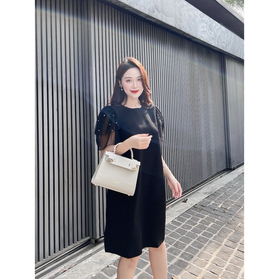 RẬP - Đầm Đính Hạt Trên Tay Lưới Hai Tầng - TITI 08 ĐEN