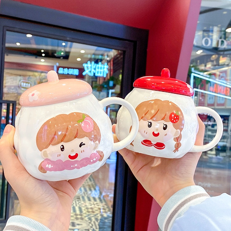 Ly cốc Gốm sứ cao cấp Hình cô bé Ly cặp đôi, ly sứ nam nữ học sinh, ly lớn có nắp quà tặng sinh nhật.