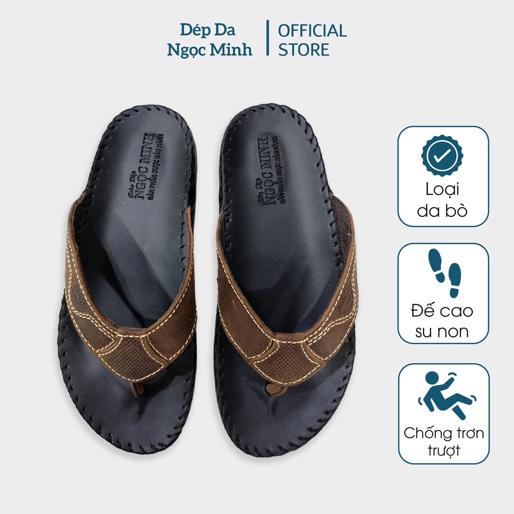 Dép xỏ ngón nam Ngọc Minh, dép kẹp nam quai da bò cao cấp, may viền chắc chắn, đế cao su không trơn trượt MS 14