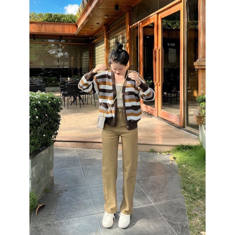 ÁO CARDIGAN  NÚT TIM 2 TÚI KẺ MÀU