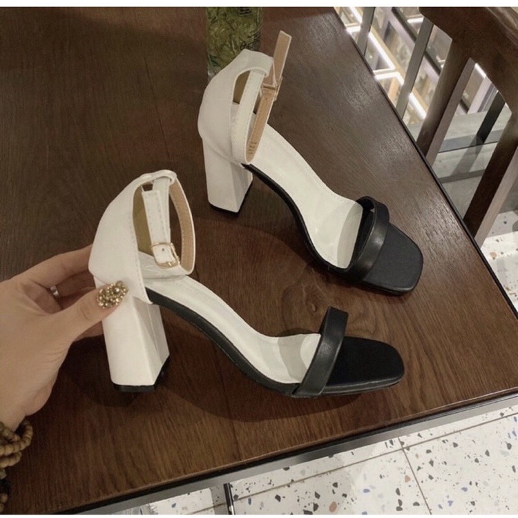 Sandal cao gót đế vuông quai ngang phối màu sành điệu gót cao 7 phân bigsize SD012