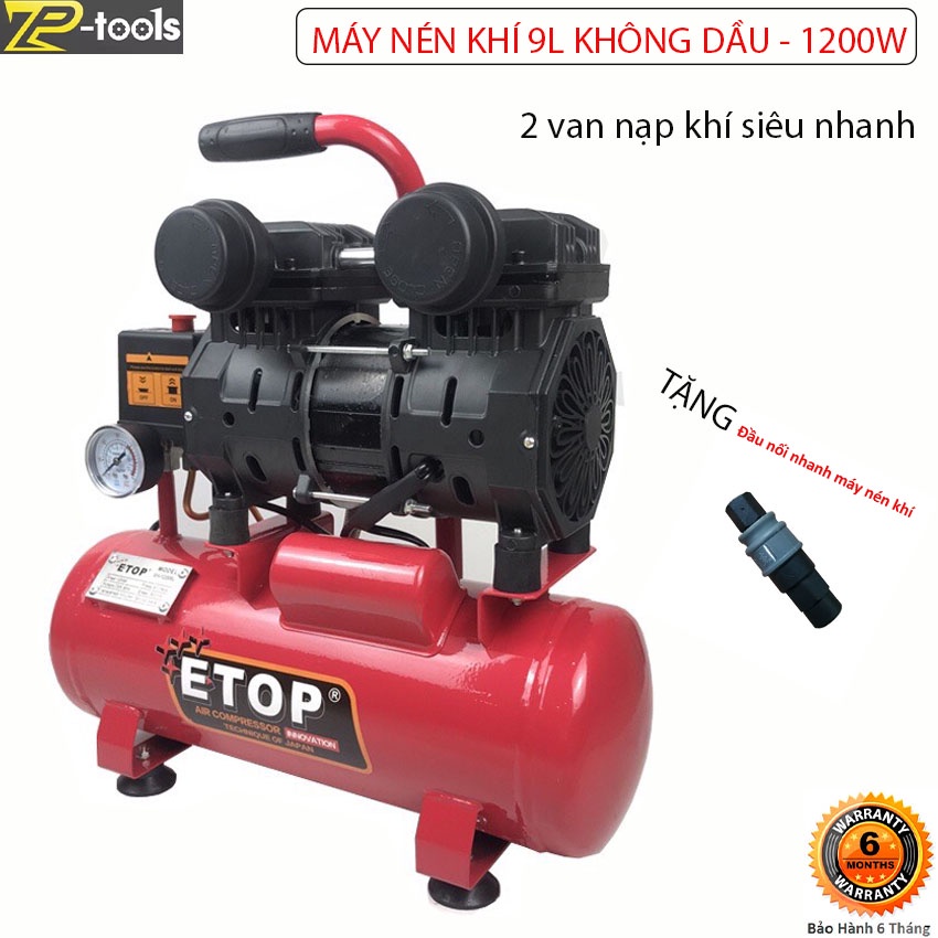 Máy nén khí | Máy bơm hơi | Máy nén hơi không dầu mini 9L 1200w chính hãng ETOP - Nén 8kg, tự động nạp ngắt khí