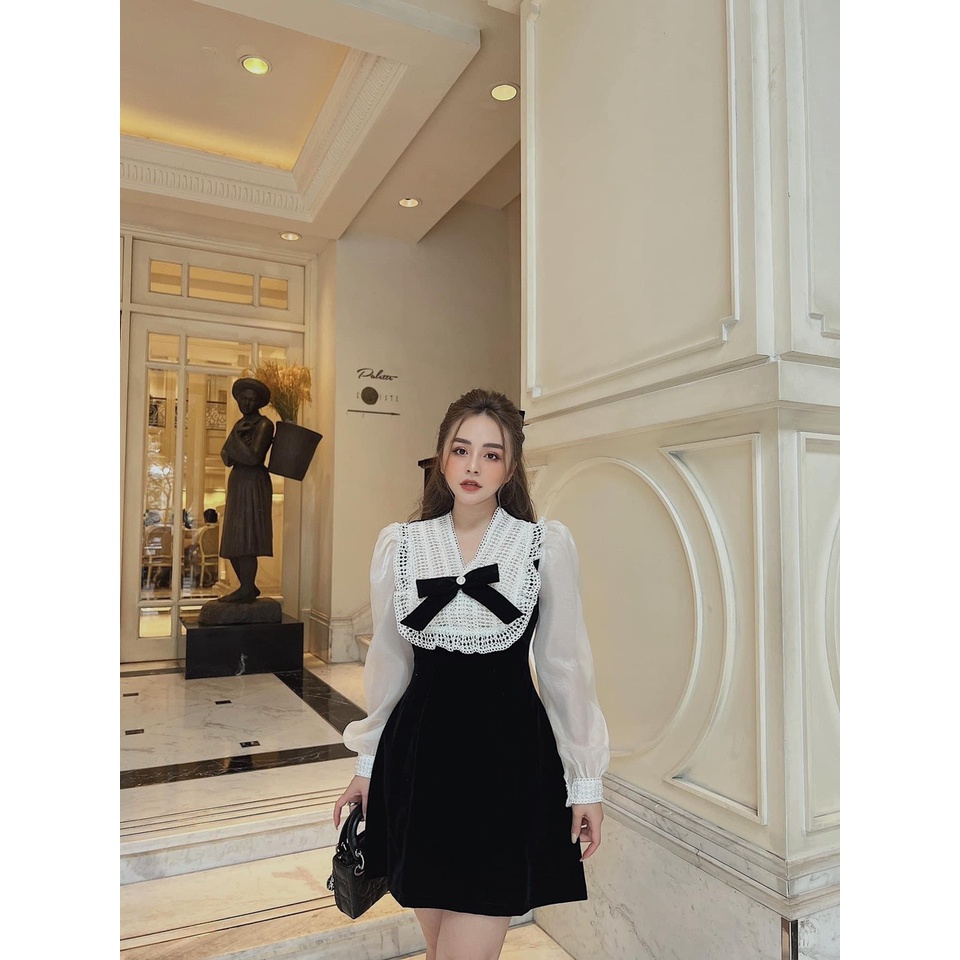 Váy nhung cổ V phối ren tay voan tơ bồng đính nơ ngực màu đen dáng xòe chữ A chất nhung dày dặn màu đen trắng thu hút
