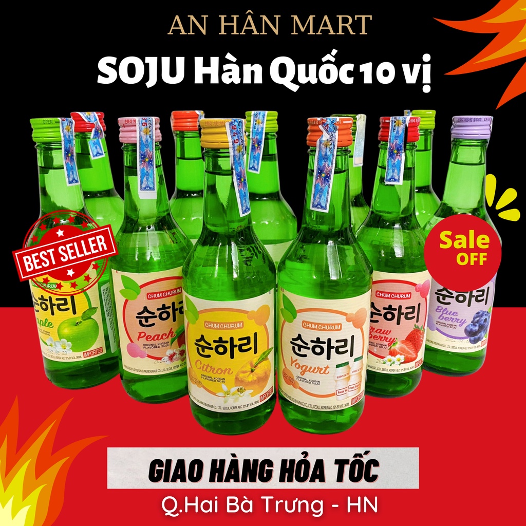 SOJU Hàn Quốc đủ 10 vị, sochu jinro chum churum trái cây vị Dâu,Nho,Mận,Đào