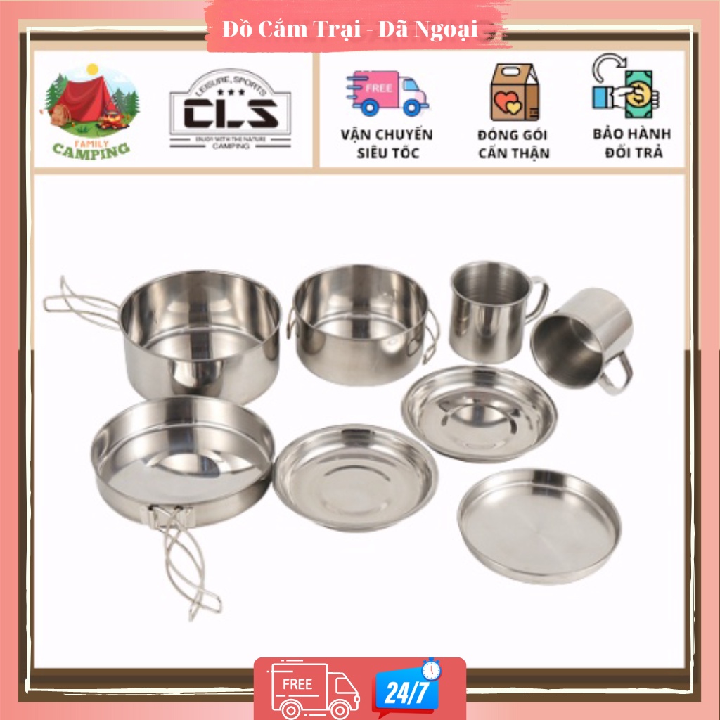 Bộ nồi inox 8 món ngoài trời cắm trại di động bộ bát nướng nồi nướng gấp gọn chính hãng CLS