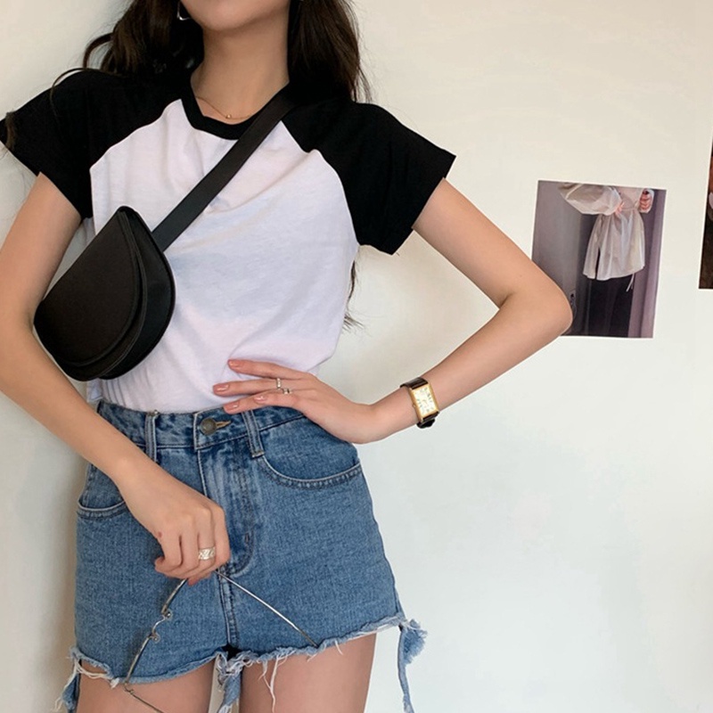 IELGY Áo Thun Ngắn Tay Màu Sắc Tương Phản Phong Cách Hàn Quốc Cho Nữ