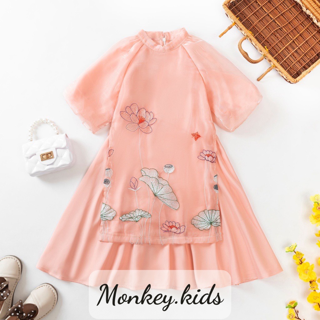 Sét áo dài cách tân cho bé gái thêu hoa sen cho trẻ em ful size 2-9 tuổi