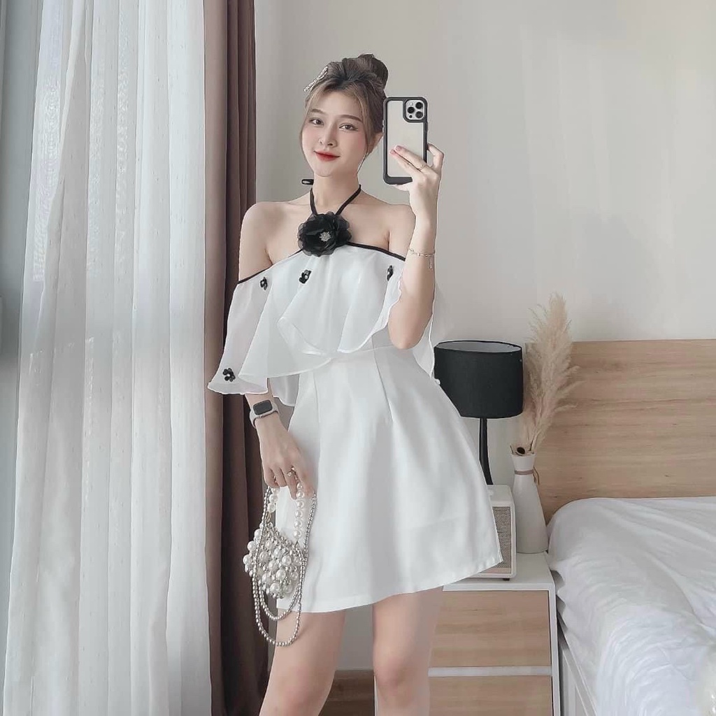 Đầm váy nữ viền bèo đính hoa cổ yếm,trễ vai,maauc có mút ngực thời trang nữ duyên dáng dịu dàng sang chảnh