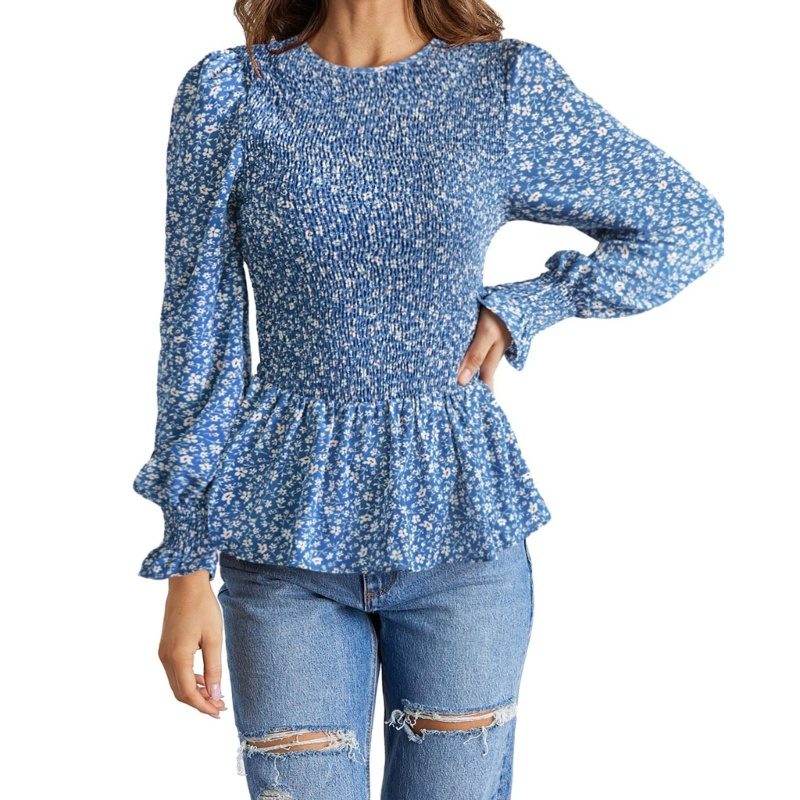 Áo Sơ Mi Peplum Viền Bèo Tay Dài Phồng In Họa Tiết Hoa Cho Nữ