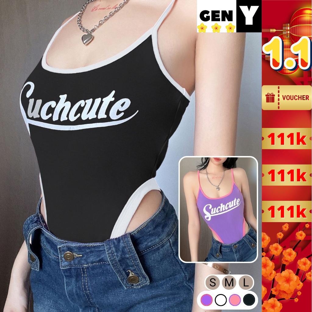 Áo bodysuit hai dây hoạ tiết chữ GenY, Áo liền thân khoét eo ôm body siêu tôn eo chất thun mềm mịn, co giãn tốt