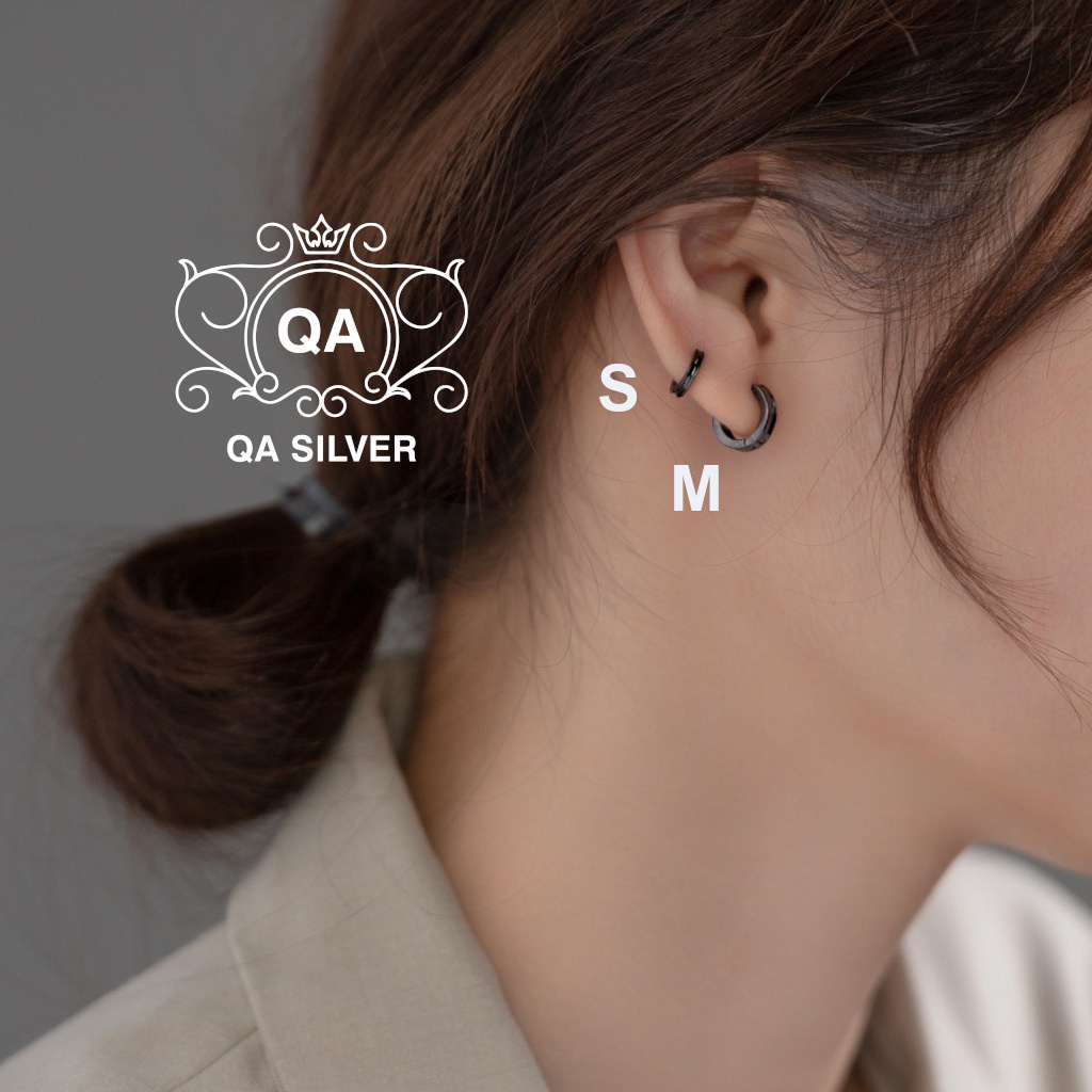 Khuyên tai bạc 925 tròn lõm đen nam nữ bông dày trơn S925 HOOP QA SILVER Earrings EA221204