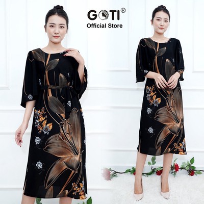 GOTI - Đầm Dự Tiệc Trung Niên Cao Cấp Dáng Dài Lụa Hoa Tay Lỡ Giấu Bụng Cho Mẹ U50 3361 3336 3345