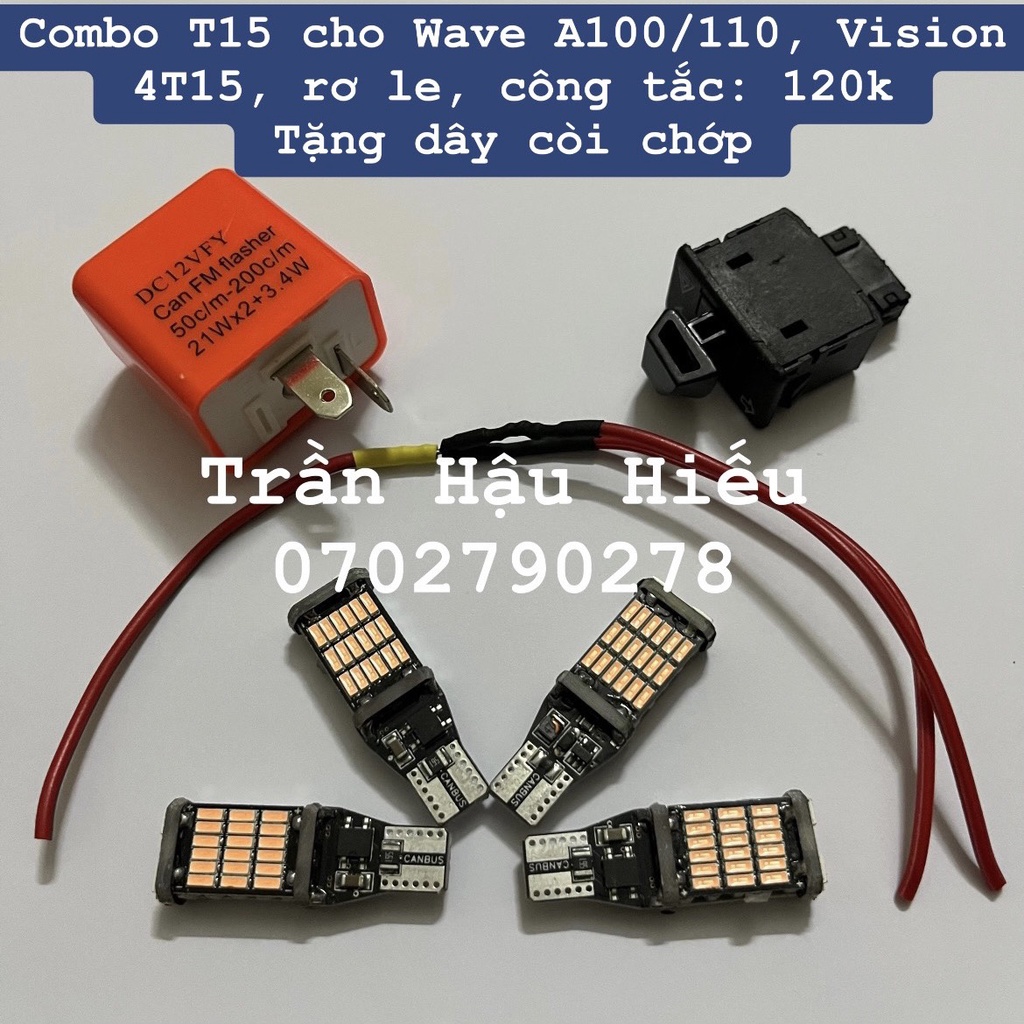Combo LED T15 Cho WaveA100/110/50cc, Vision - Tặng dây còi chớp