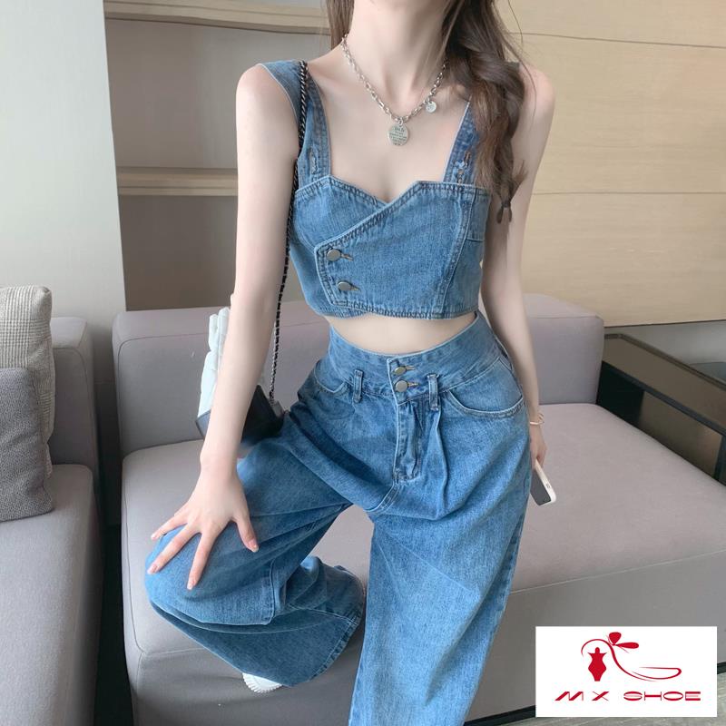 Bộ Áo Ống Ngắn + Quần Dài Denim Hai Mảnh Thời Trang Đường Phố Cho Nữ