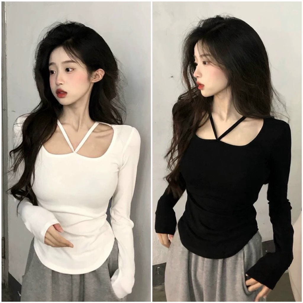 Áo thun dài tay cổ dây chéo kiểu hot girl ulzzang