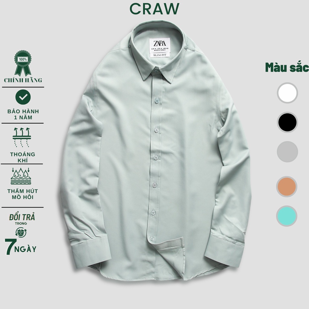 Áo sơ mi nam CRAW cổ thuyền tay dài vải lụa coton mềm, thoáng mát, ít nhăn - form regular fit - Trơn Cổ Bẻ ZR