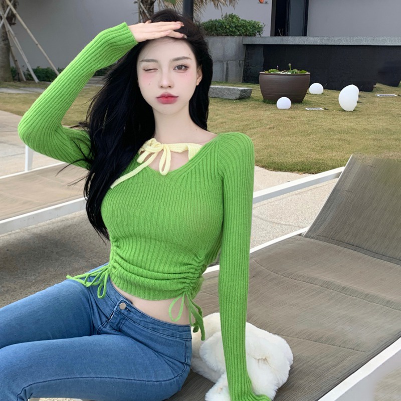 Áo Sweater Dệt Kim Dây Rút Giả Hai Lớp Màu Sắc Tương Phản Phong Cách Hàn Quốc