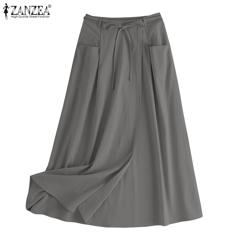 Chân váy chữ A ZANZEA lưng thun có túi màu trơn phong cách vintage cho nữ