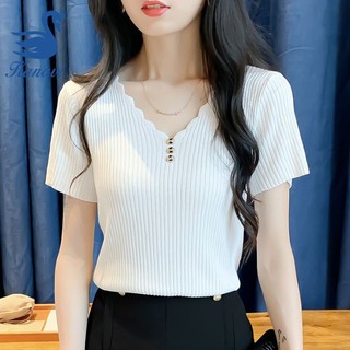 Áo Dệt Kim Tay Ngắn Cổ Chữ V Phối Nút Thời Trang Cho Nữ Mới