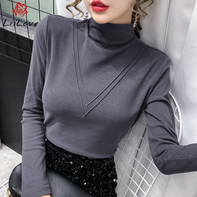 Áo giữ nhiệt cổ cao chữ V Áo thun thu đông dài tay nữ Lii Love mã A800