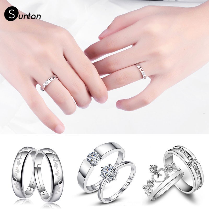 Bộ 2 Nhẫn Cưới Bạc 925 Đính Kim Cương Pha Lê Có Thể Điều Chỉnh Sunton JP5