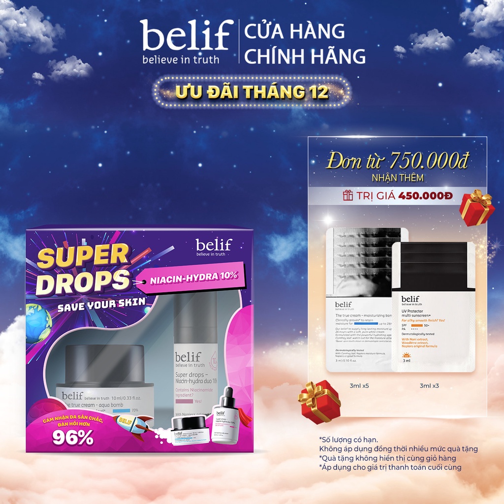 Bộ sản phẩm dưỡng da săn chắc, tươi trẻ belif Super Drop trial kit Niacin 10%