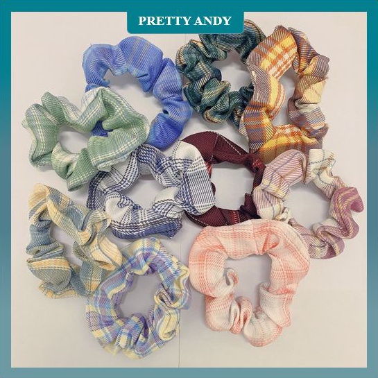 Dây buộc tóc scrunchies hoạ tiết carro cách Hàn Quốc, dây cột tóc vải chiffon hoạ tiết kẻ sọc cho nữ - Pretty Andy