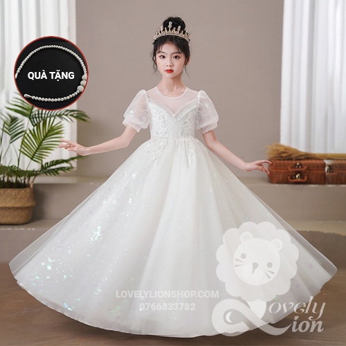 (có sẵn)Đầm công chúa màu trắng thêu hoa cho bé gái+tặng băng đô như hình