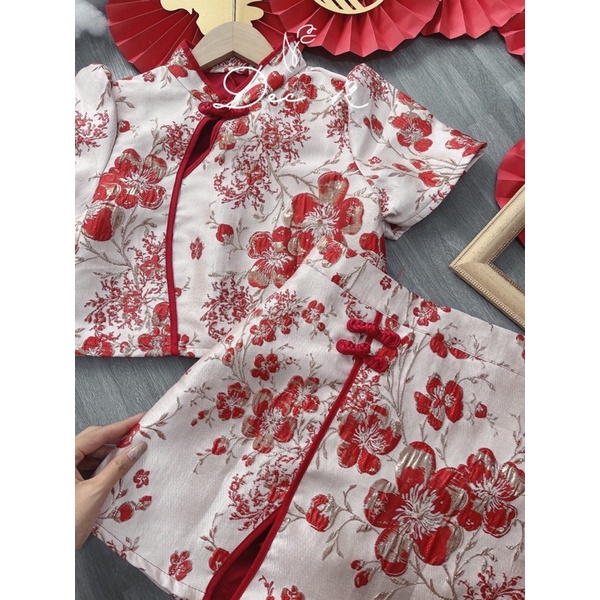 Set cổ tàu đỏ siêu xinh,váy nữ mini kèm áo cổ nơ tay phồng cho bạn nữ diện tết hoặc noel chụp ảnh siêu xinh xắn