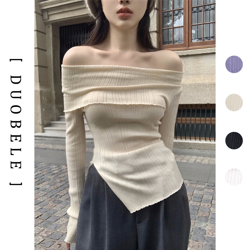 Áo len trễ vai Áo hở vai tay dài mùa xuân phong cách Hàn Quốc cho nữ