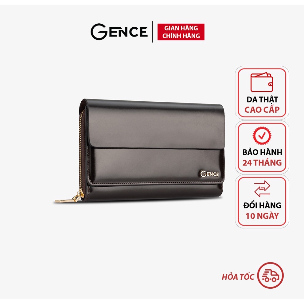 Ví da nam cầm tay chính hãng Gence da bò Box calf màu nâu cafe 1 khóa HT03 bảo hành 24 tháng