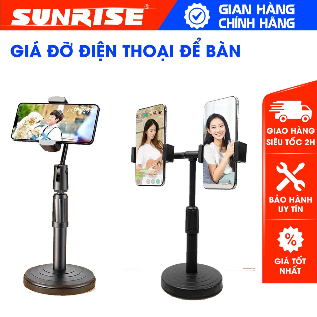 Giá đỡ điện thoại để bàn đa năng với 2 kẹp điện thoại dùng livestream bán hàng, xem video…
