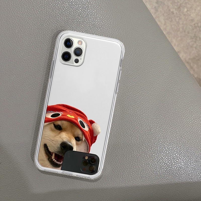 Ốp lưng iphone cạnh vuông chó mũ len đỏ tự sướng cực cute cho 6/6splus/7/7plus/8/8plus/x/xr/xs/11/12/13/14/pro/max