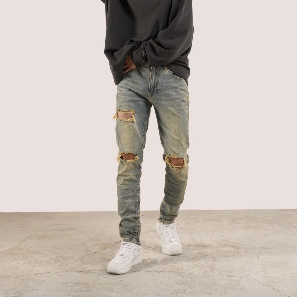 Quần jean nam streetwear cao cấp kiểu rách 3 lỗ, form slimfit , chất jean co giãn thoải mái.