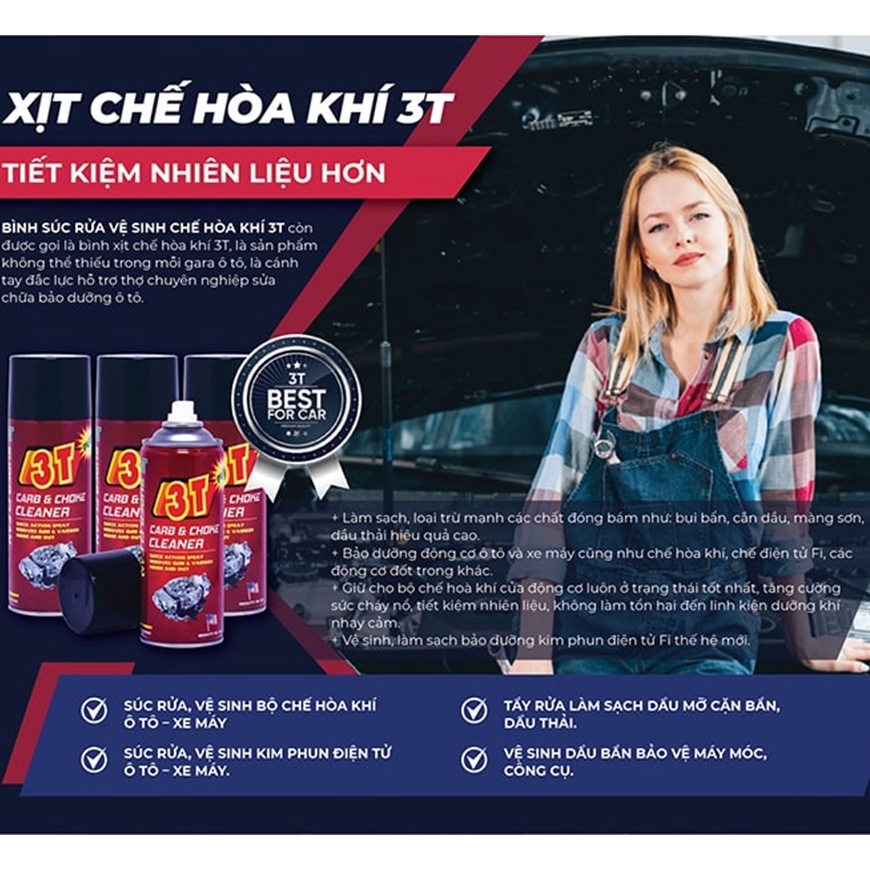 Xịt chế hòa khí ô tô, dung dịch rửa dầu mỡ máy, xúc bình xăng con ô tô, vệ sinh họng ga