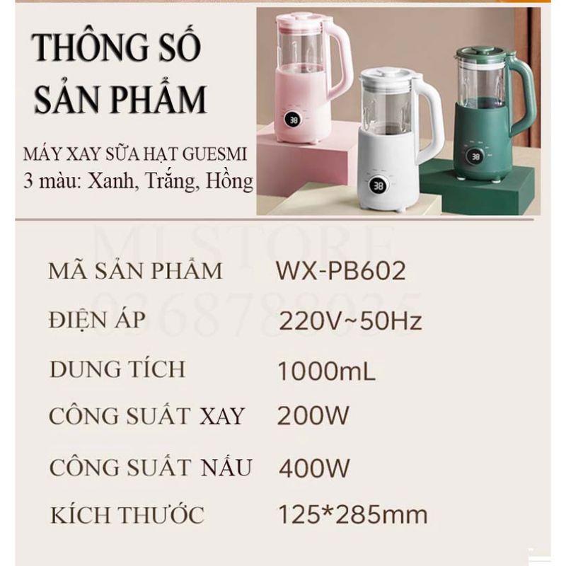 Máy Làm Sữa Hạt Đa Năng, Máy Xay Nấu Sữa Hạt GUESMI XIAOMI Dung tích 600ml  - 1000ml