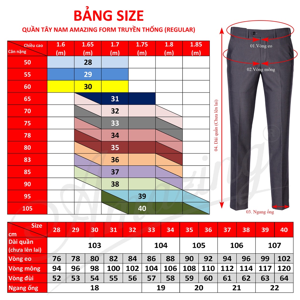 Quần tây âu ống suông, form truyền thống không ly, dáng văn phòng công sở, thương hiệu cao cấp Amazing, có tới size 40