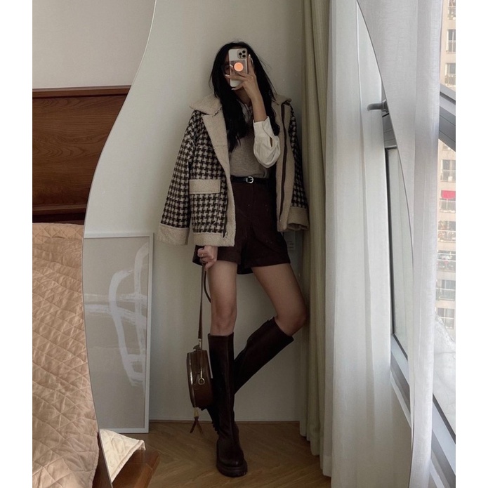 Áo khoác dạ hoạ tiết caro lót lông cừu kẻ nâu phong cách Hàn Quốc hàng quảng châu