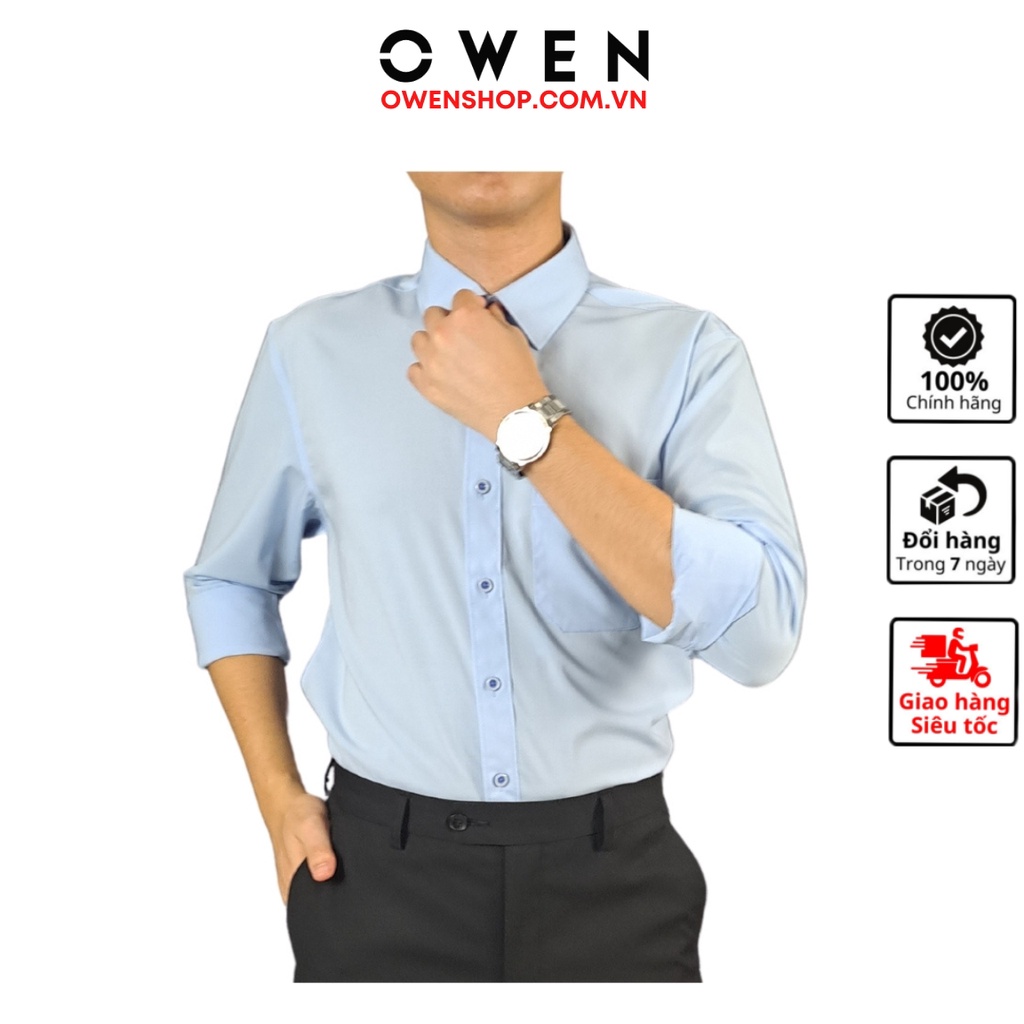 Áo sơ mi công sở nam cao cấp OWEN AR221395DT somi dáng regular fit tà lượn có túi dài tay vải microfiber màu xanh da trờ