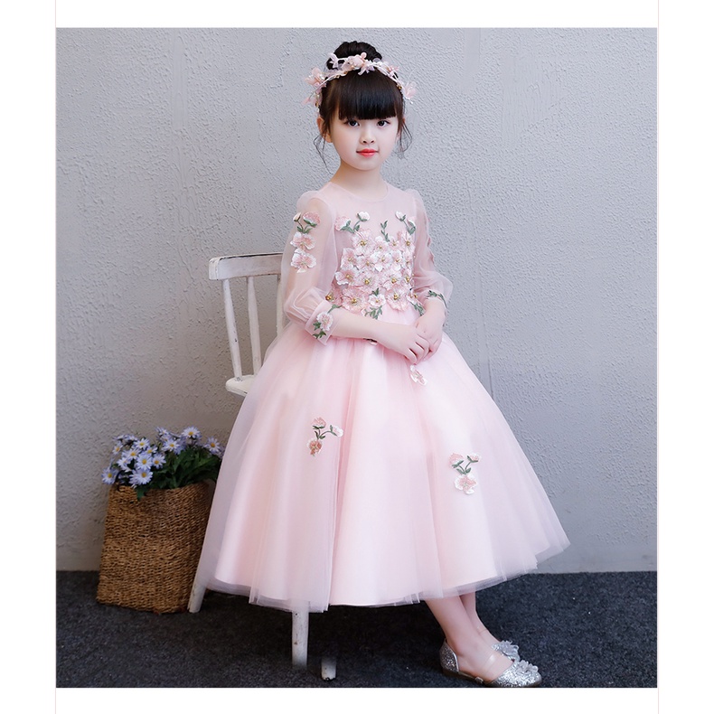 Đầm Hồng dài Ren Thêu cao cấp cho bé gái - AVALYA KIDS