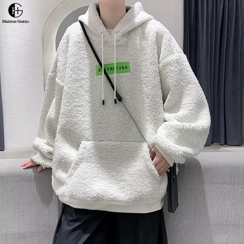Hattongutto COD OOTD Áo Khoác hoodie Lông Cừu Dày Dặn Dáng Rộng Thời Trang Thu Đông Cho Nam Giới