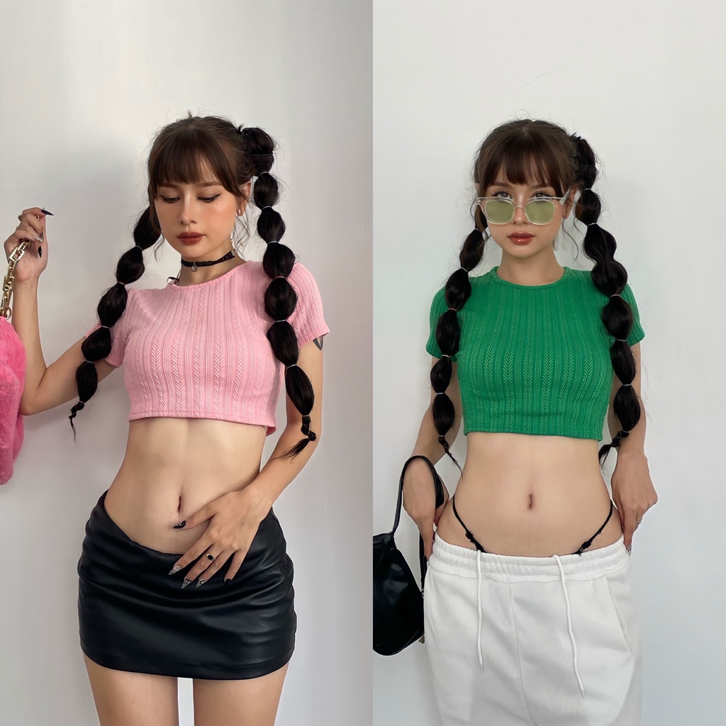 Áo Croptop Ôm Chất Liệu Len Freesize Gonz Màu Hồng và Xanh Dễ Mặc Dễ Phối Đồ